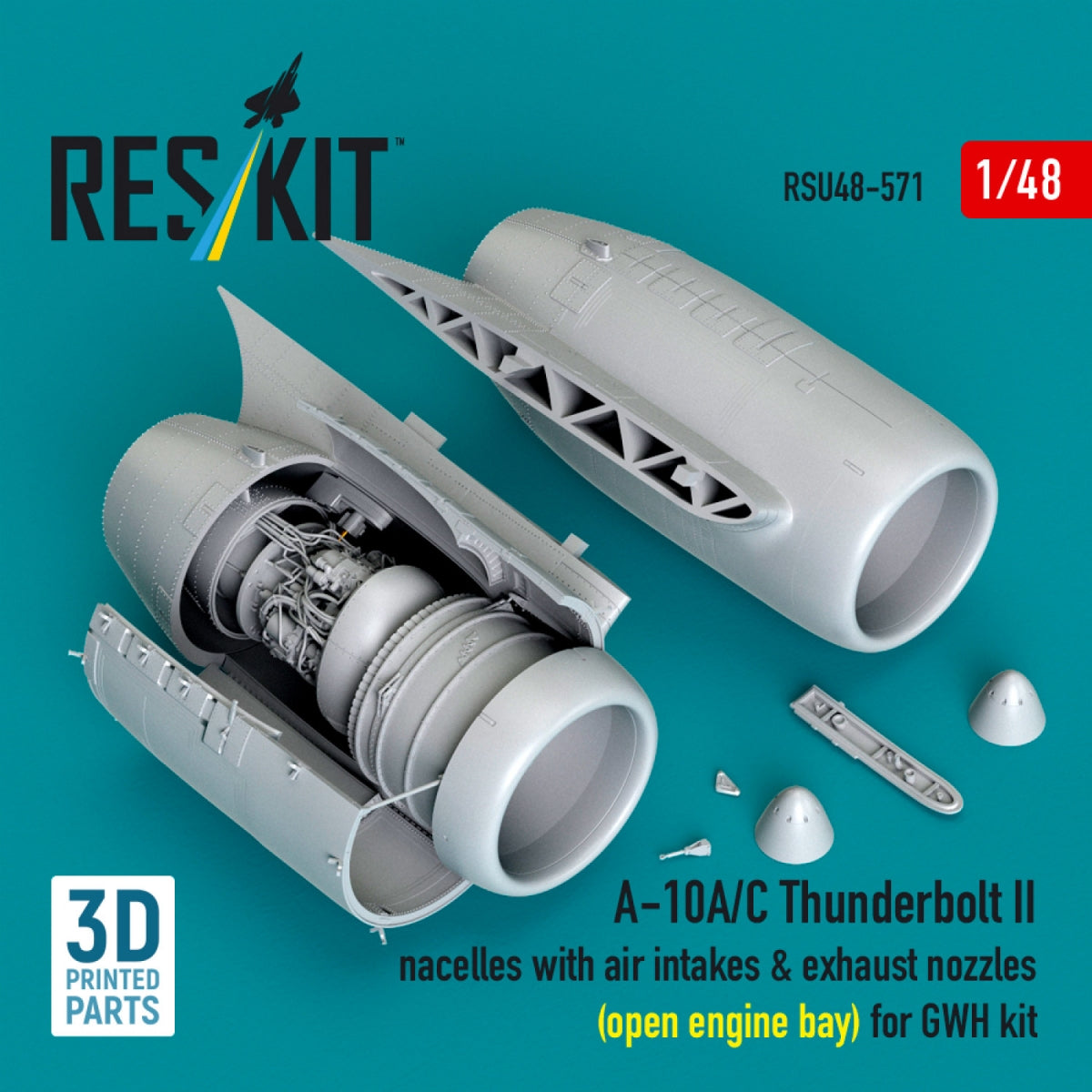 RESKIT RSU48-0571 A-10A/C Thunderbolt II nacelles with air intakes & exhaust nozzles (open engine bay) for GWH kit (3D Printed) 1/48