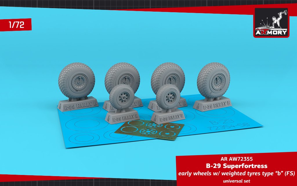 Armory Models AW72355 B-29 Superfortress early production wheels w/ weighted tyres type “b” (FS) & PE hubcaps 1/72