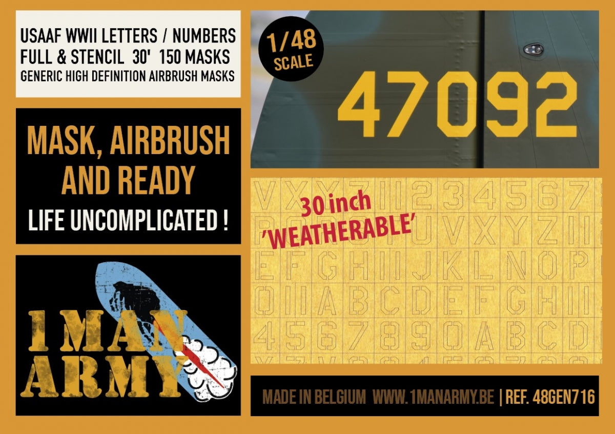 1 Man Army 48GEN716 USAAF WWII Letters / Numbers Full & Stencil 30" (150 pcs) 1/48