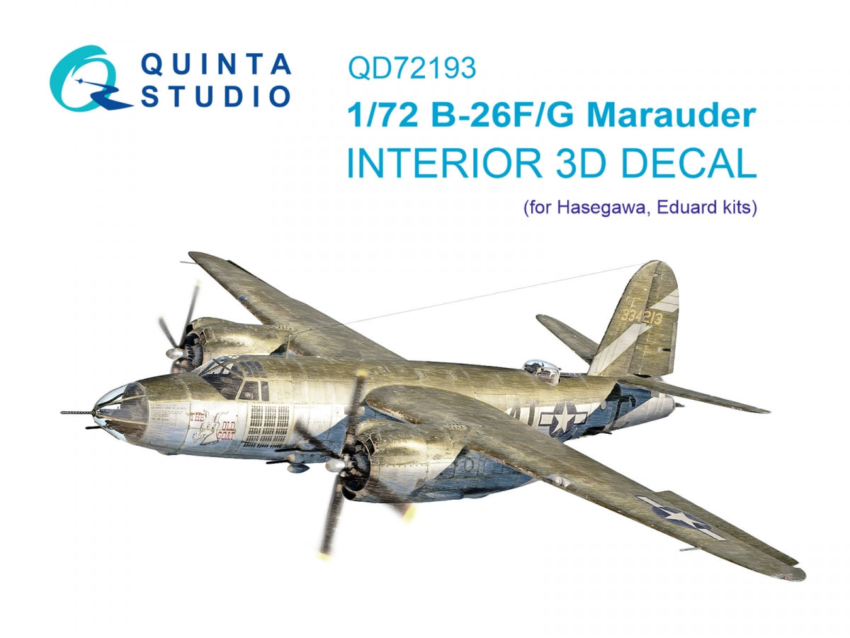 Quinta Studio QD72193 B-26F/G Marauder 3D-Printed colored Interior on decal paper (Hasegawa) 1/72