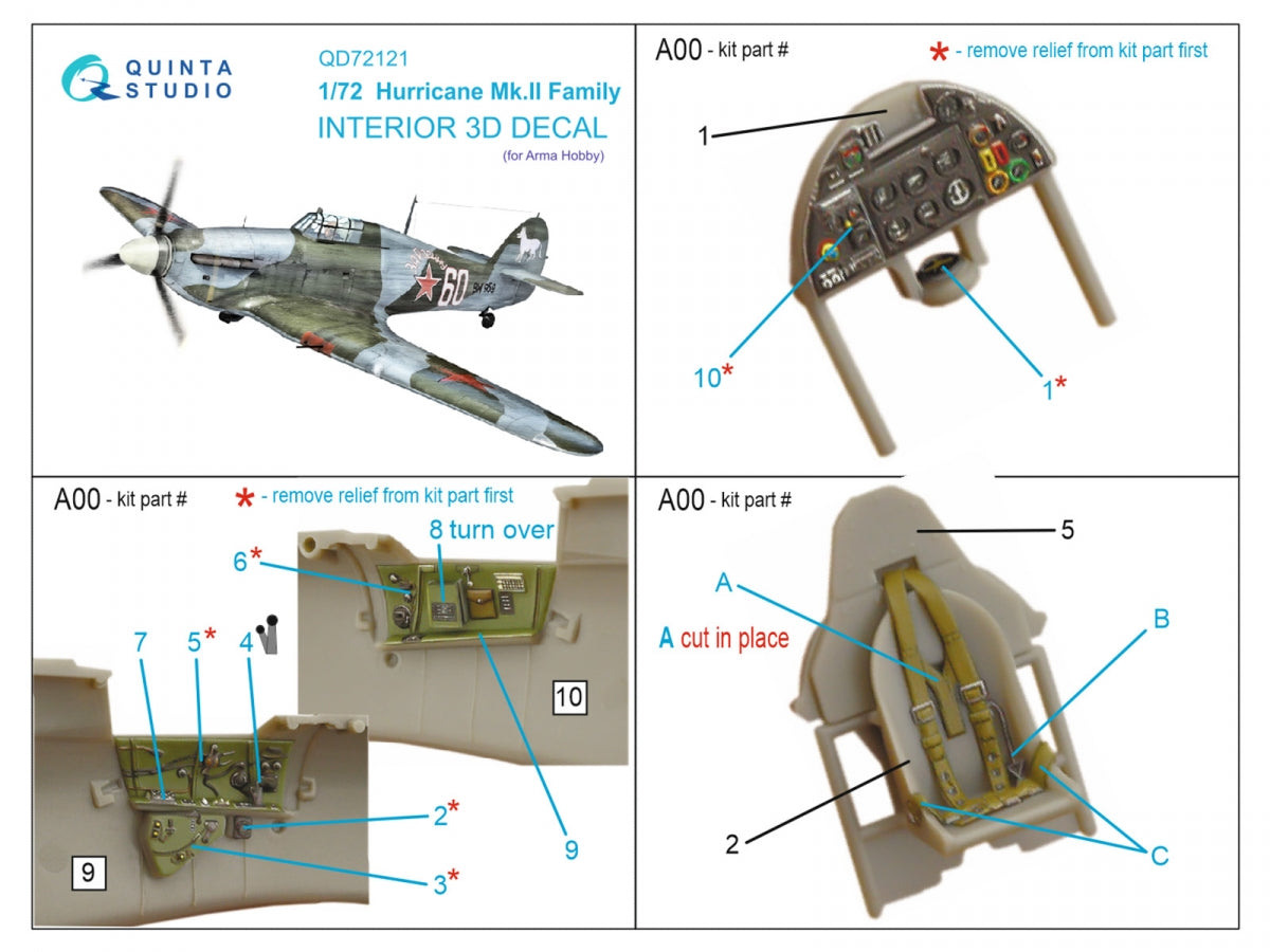 Intérieur coloré imprimé en 3D sur papier décalcomanie pour la famille Hurricane Mk.II (Quinta Studio QD72121) (Arma Hobby) à l&amp;#39;échelle 1/72 – image 2