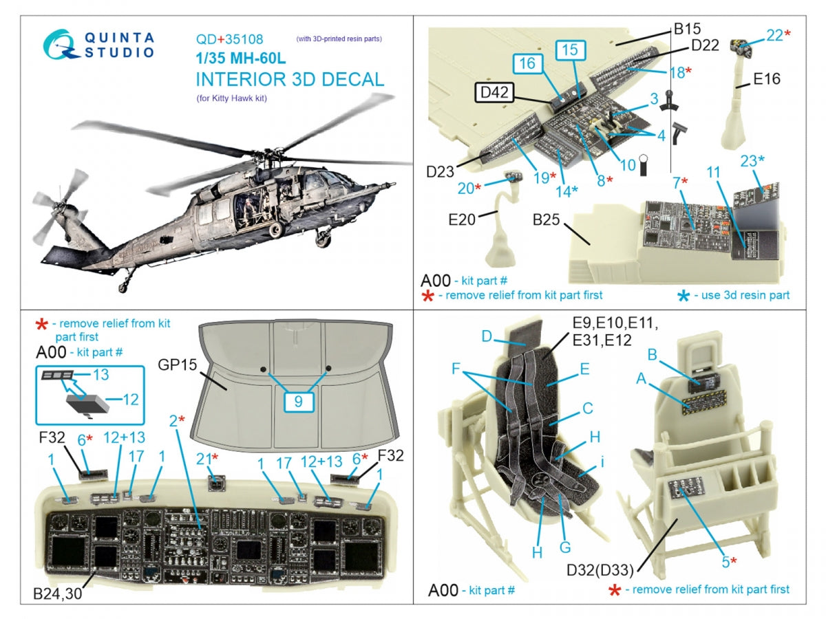 Quinta Studio QD+35108 MH-60L 3D-Printed &amp;amp; coloured Interior on decal paper (Kitty Hawk) (with 3D-printed resin parts) 1/35 – Bild 2