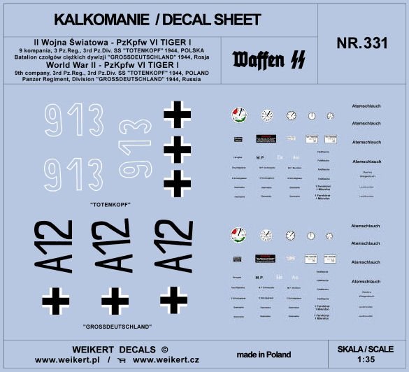 Weikert Decals DEC331 PzKpfw VI TIGER - Dywizja SS Totenkopf i Dywizja Grossdeutschland - 1944 - vol.1 1/35
