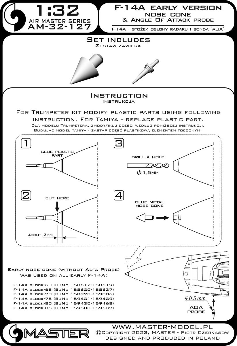 Master AM-32-127 F-14A wczesna wersja - stożek osłony radaru oraz sonda Angle Of Attack 1/32 – imagen 3