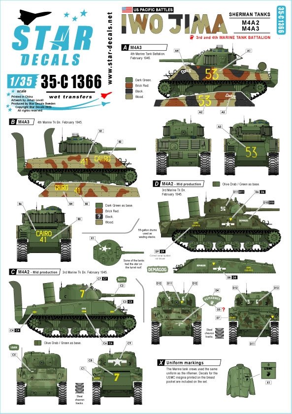 Star Decals 35-C1366 GUERRES DU PACIFIQUE AMÉRICAINES - IWO JIMA Chars Sherman USMC 1/35