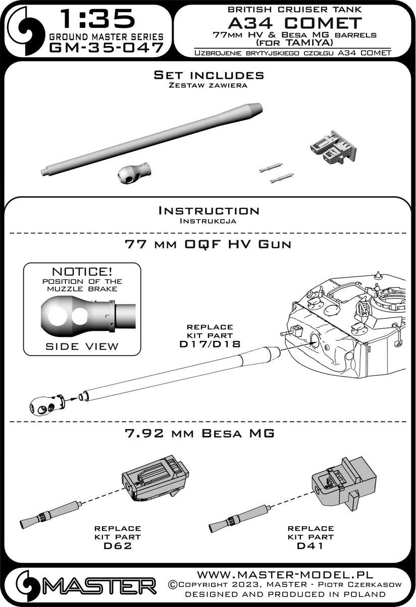 Master GM-35-047 A34 Comet - 77mm HV gun barrel &amp;amp; Besa MG barrels with resin mounts (for Tamiya kit) 1/35 – Bild 9