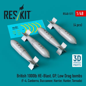 RESKIT RS48-0511 British 1000lb HE-Blast, GP, Low Drag bombs (4 pcs) (3D printed) 1/48