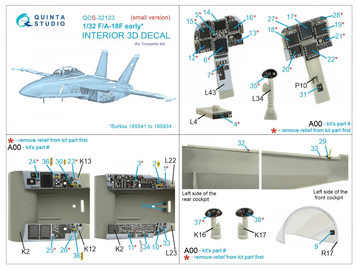 Quinta Studio QDS-32123 F/A-18F early 3D-Printed &amp;amp; coloured Interior on decal paper (Trumpeter) (Small version) 1/32 – immagine 7