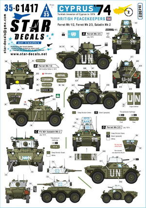 Star Decals 35-C1417 Chypre 74 2. Invasion turque de Chypre en 1974. Casques bleus britanniques. Ferret Mk 1/2, Ferret Mk 2/3, Saladin Mk 2 1/35