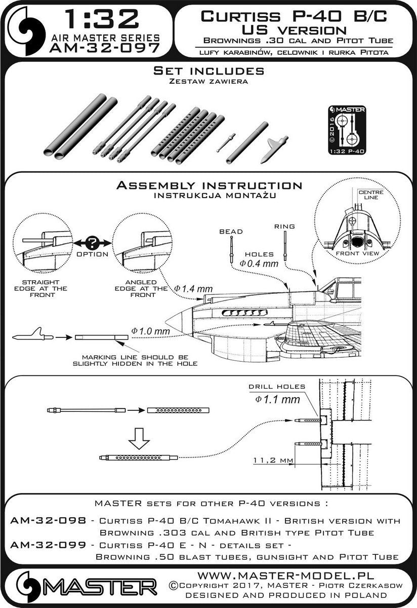 Master AM-32-097 Curtiss P-40 B/C - wersja USA - lufy karabinów Browning .30 cal i amerykańska wersja Rurki Pitota 1/32 – immagine 3