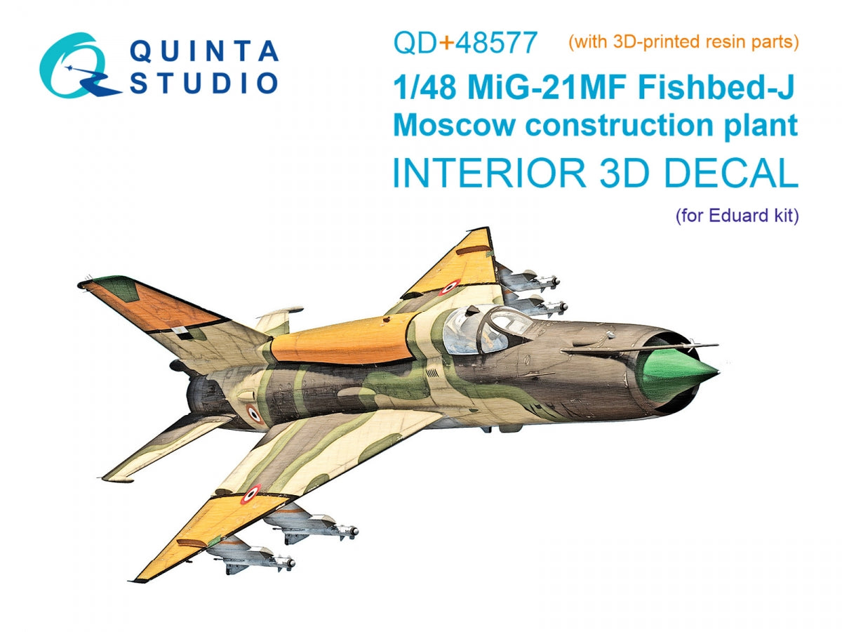 Quinta Studio QD+48577 MiG-21MF Fishbed-J (Moscow plant) 3D-Printed &amp;amp; colored Interior on decal paper (Eduard) (with 3D-printed resin parts) 1/48