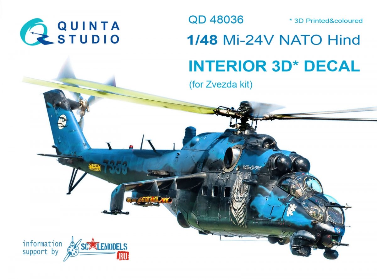 Quinta Studio QD48036 Mi-24V NATO (black panels) 3D-Printed &amp;amp; coloured Interior on decal paper (for Zvezda kit) 1/48