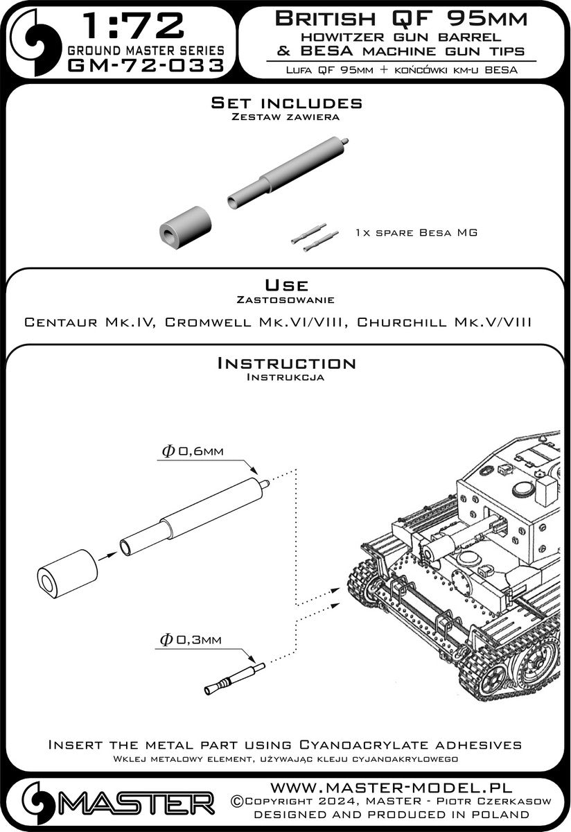 Master GM-72-033 Brytyjska haubica QF 95mm + końcówki km-u Besa - Centaur Mk.IV, Cromwell Mk.VI/VIII, Churchill Mk.V/VIII i inne 1/72 – Bild 8