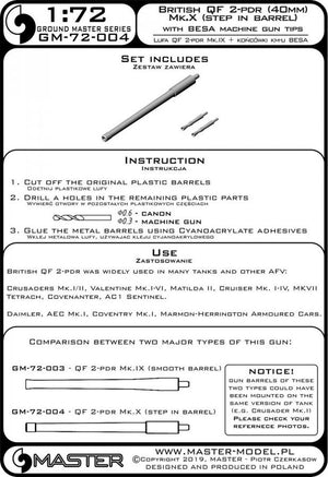 Master GM-72-004 British QF 2-pdr (40mm) - version Mk.X (step in barrel) + Besa MG tips - for Crusader Mk.I/II, Valentine, Matilda II, and other AFV 1/72 – immagine 3