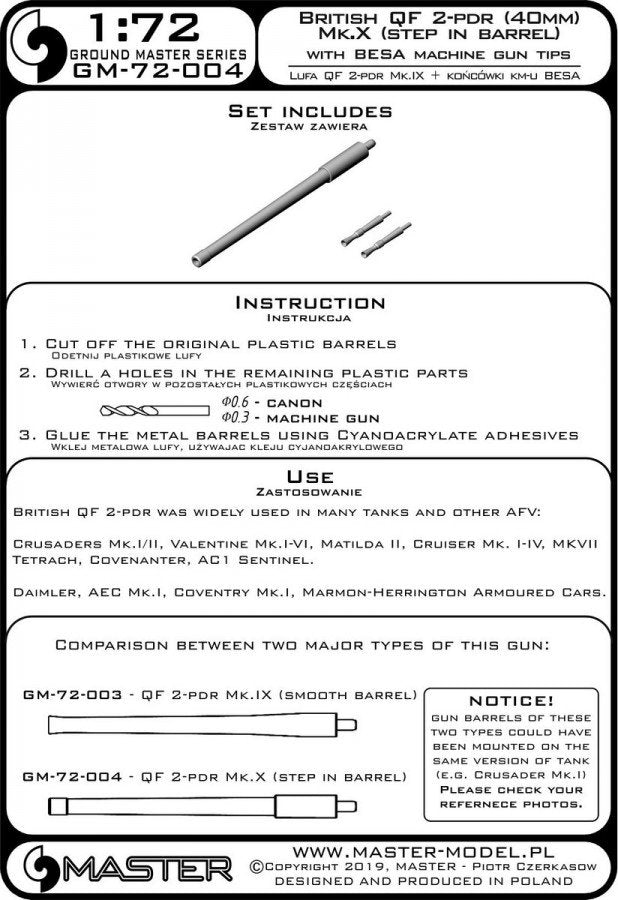 Master GM-72-004 British QF 2-pdr (40mm) - version Mk.X (step in barrel) + Besa MG tips - for Crusader Mk.I/II, Valentine, Matilda II, and other AFV 1/72 – immagine 3