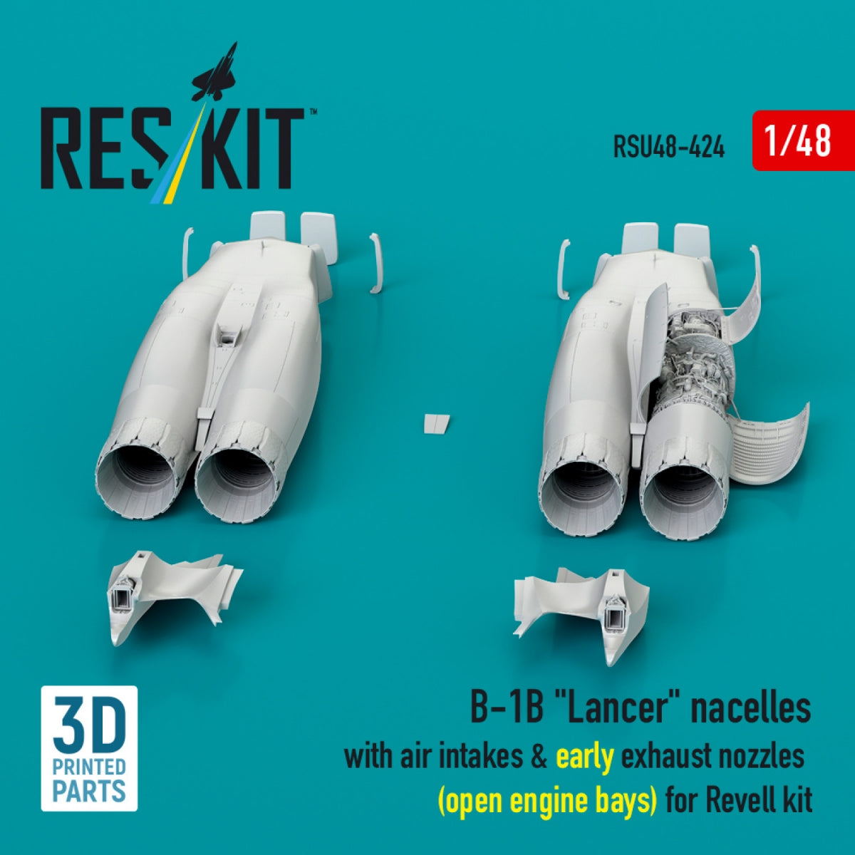 RESKIT RSU48-0424 B-1B "Lancer" nacelles with air intakes &amp; early exhaust nozzles (open engine bay) for Revell kit (3D Printed) 1/48