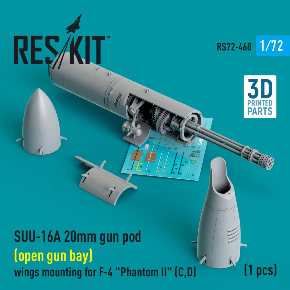 RESKIT RS72-0468 SUU-16A 20mm gun pod (open gun bay) wings mounting for F-4 Phantom II (C,D) (1 pcs) (3D Printed) 1/72 – Bild 2