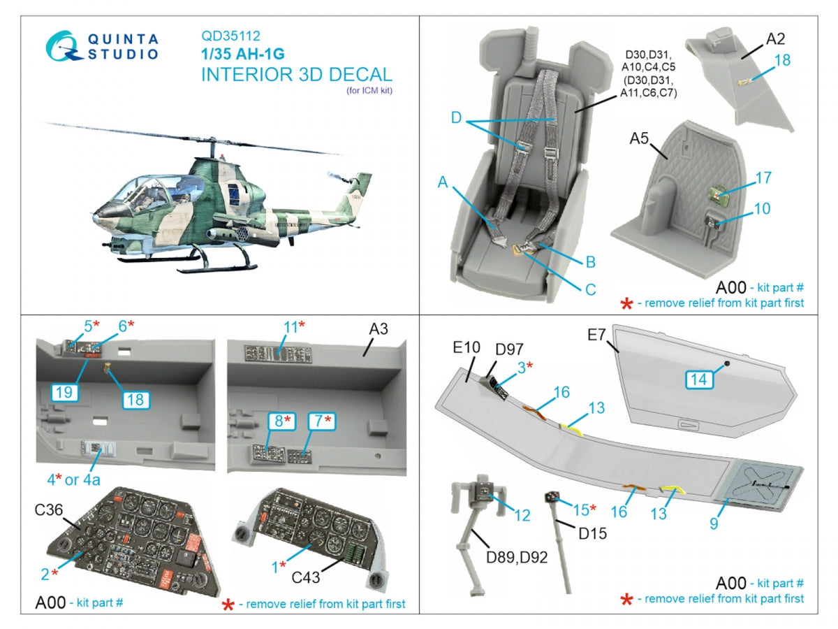 Quinta Studio QD35112 AH-1G Cobra 3D-Printed &amp;amp; coloured Interior on decal paper (ICM) 1/35 – Bild 2