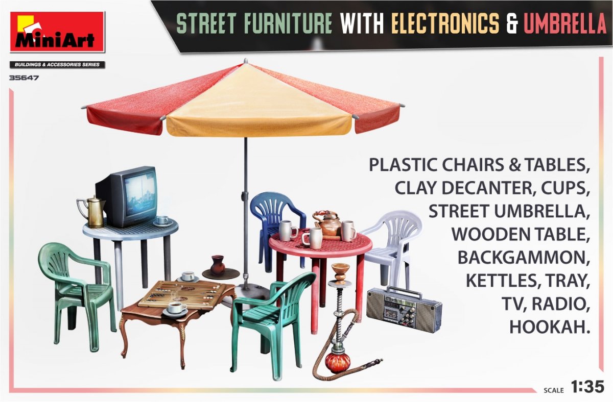 MiniArt 35647 STREET FURNITURE WITH ELECTRONICS &amp;amp; UMBRELLA 1/35 – immagine 2