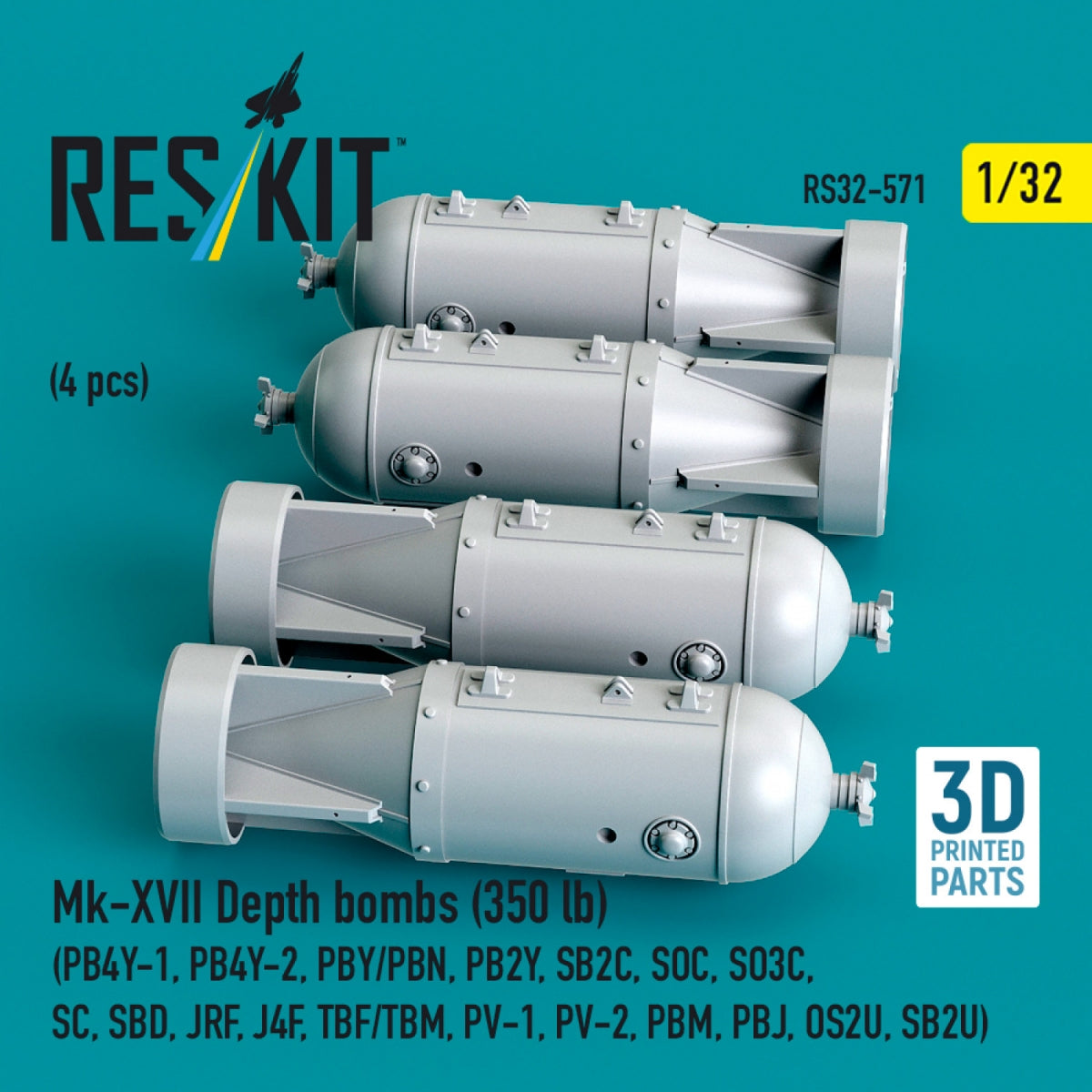 RESKIT RS32-0571 Mk-XVII Depth bombs (350 lb) (4 pcs) (PB4Y-1, PB4Y-2, PBY/PBN, PB2Y, SB2C, SOC, SO3C, SC, SBD, JRF, J4F, TBF/TBM, PV-1, PV-2, PBM, PBJ, OS2U, SB2U) (3D Printed) 1/32