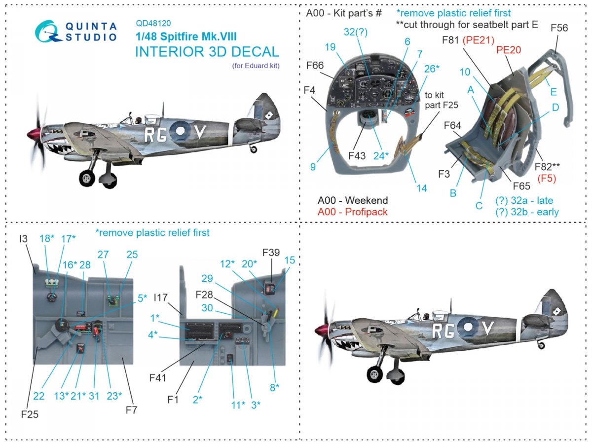 Quinta Studio QD48120 Spitfire Mk.VIII 3D-Printed &amp;amp; coloured Interior on decal paper (Eduard) 1/48 – immagine 12