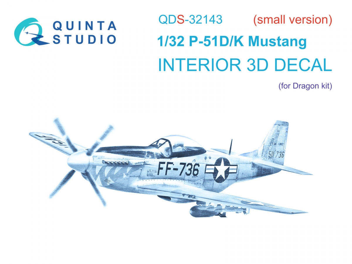 Intérieur coloré imprimé en 3D sur papier décalcomanie (Dragon) pour le P-51D/K Mustang de Quinta Studio QDS-32143 (petite version) à l'échelle 1/32