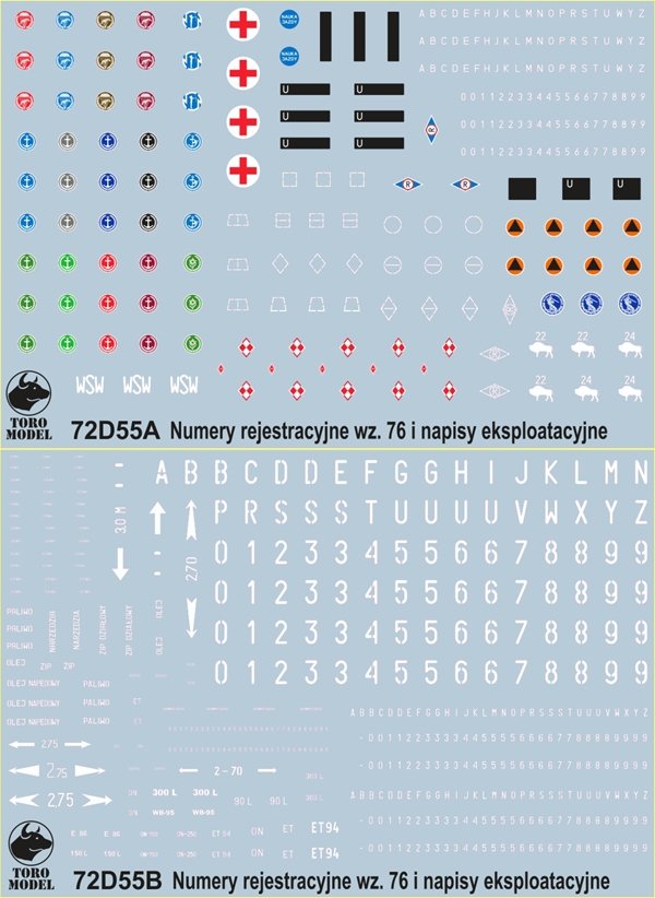 ToRo Model 72D55 Godła, tablice rejestracyjne wz76 i napisy eksploatacyjne pojazdów 1/72