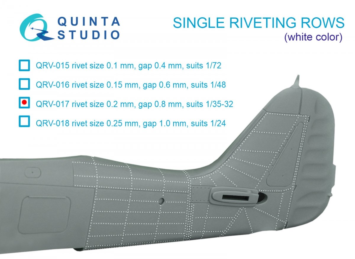 Quinta Studio QRV-017 Single riveting rows (rivet size 0.20 mm, gap 0.8 mm, suits 1/32 scale), White color, total length 5,8 m/19 ft