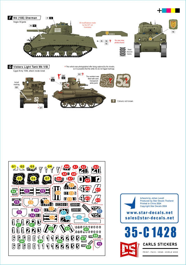 Star Decals 35-C1428 Marquages ​​des premiers véhicules blindés de Tsahal (IDF) n° 2. Véhicules blindés israéliens (1948-1949) : Sherman 75 mm, Sherman 105 mm, Cromwell Mk IVF, Hotchkiss 39 H, Vickers Light Tank Mk VI B. Échelle : 1/35  – image 3