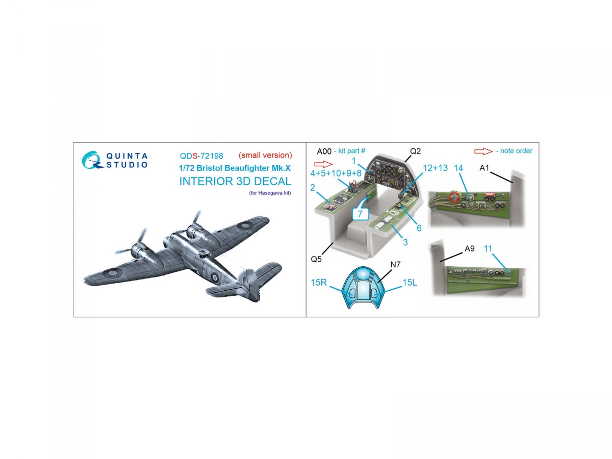 Quinta Studio QDS-72198 Bristol Beaufighter Mk.X 3D-Printed &amp;amp; coloured Interior on decal paper (Hasegawa) (small version) 1/72 – Bild 2
