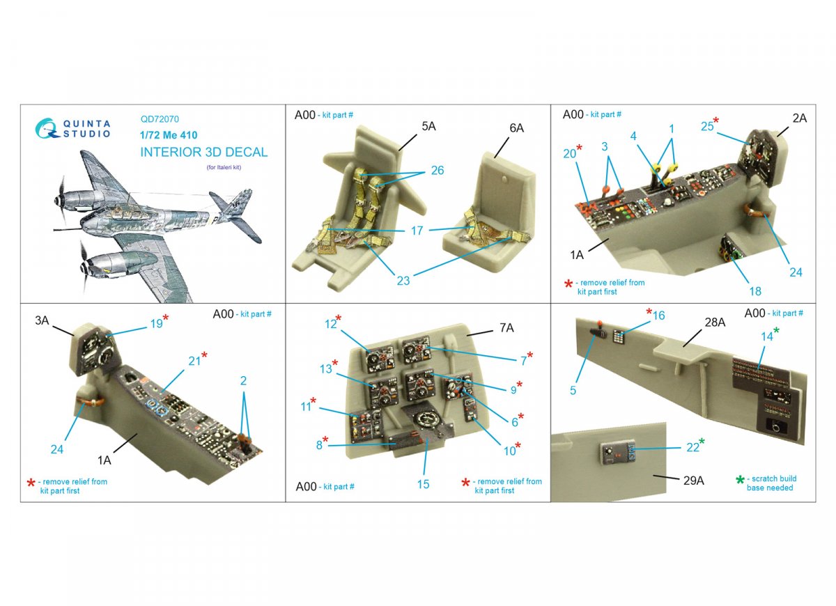 Quinta Studio QD72070 Me 410 3D-Printed &amp;amp; coloured Interior on decal paper (Italeri) 1/72 – Bild 2