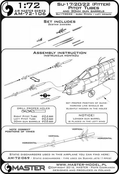 Master AM-72-106 Sukhoi Su-17, Sukhoi Su-20, Sukhoi Su-22 (Fitter) - Pilot Tubes and 30mm gun barrels 1/72 – immagine 4