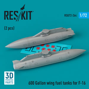 RESKIT RSU72-0264 600 Gallon wing fuel tanks for F-16 (2 pcs) (3D Printed) 1/72