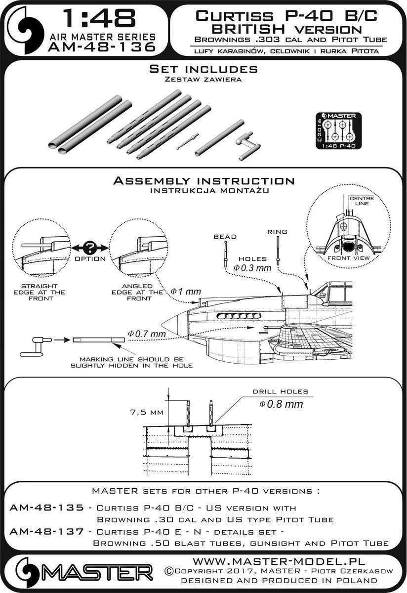 Master AM-48-136 Curtiss P-40 B/C Tomahawk II - Version britannique - Canons de fusil Browning de calibre .30 et tubes Pitot de version britannique (1/48) – image 4