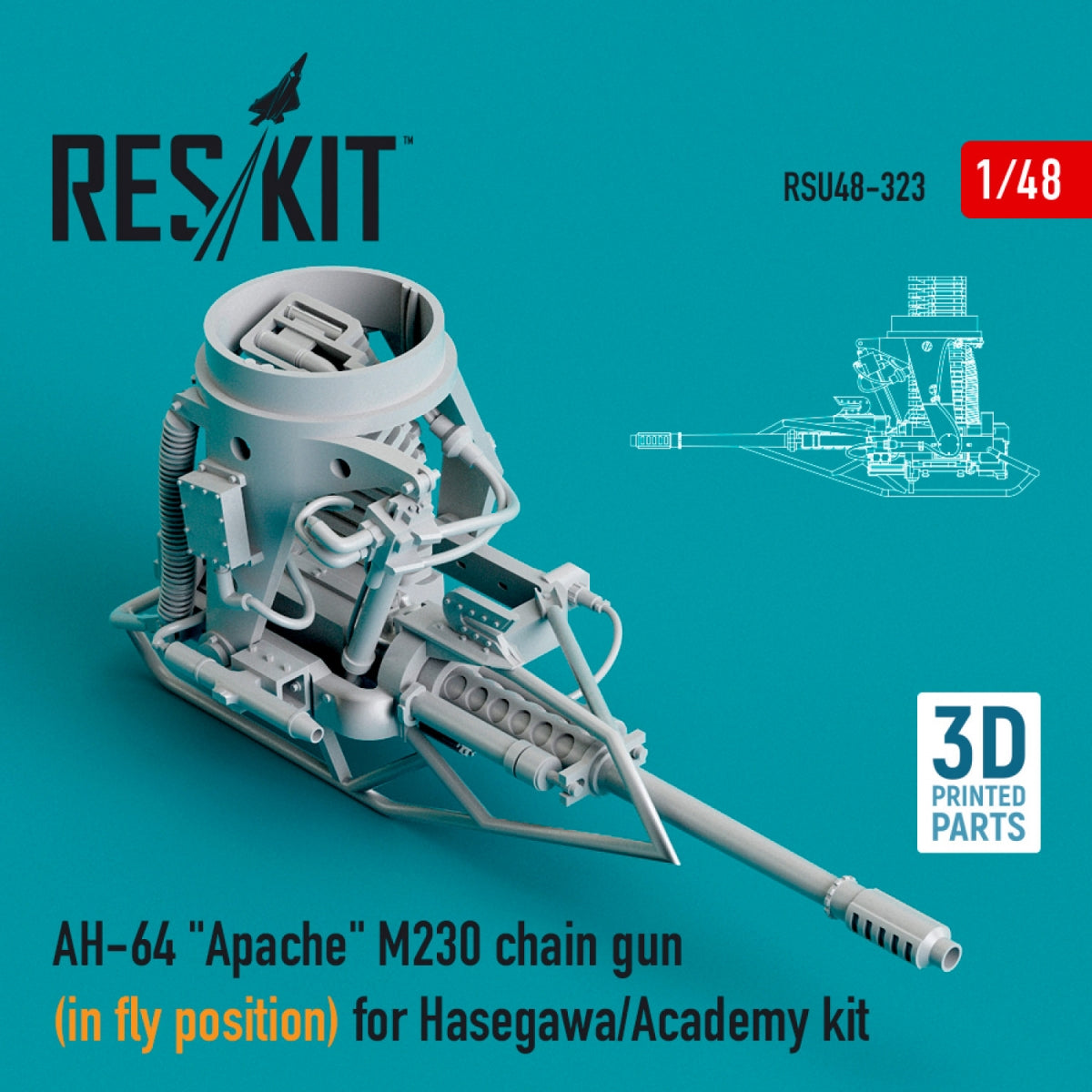 RESKIT RSU48-0323 AH-64 "APACHE" M230 CHAIN GUN (IN FLY POSITION) FOR HASEGAWA/ACADEMY KIT (3D PRINTED) 1/48