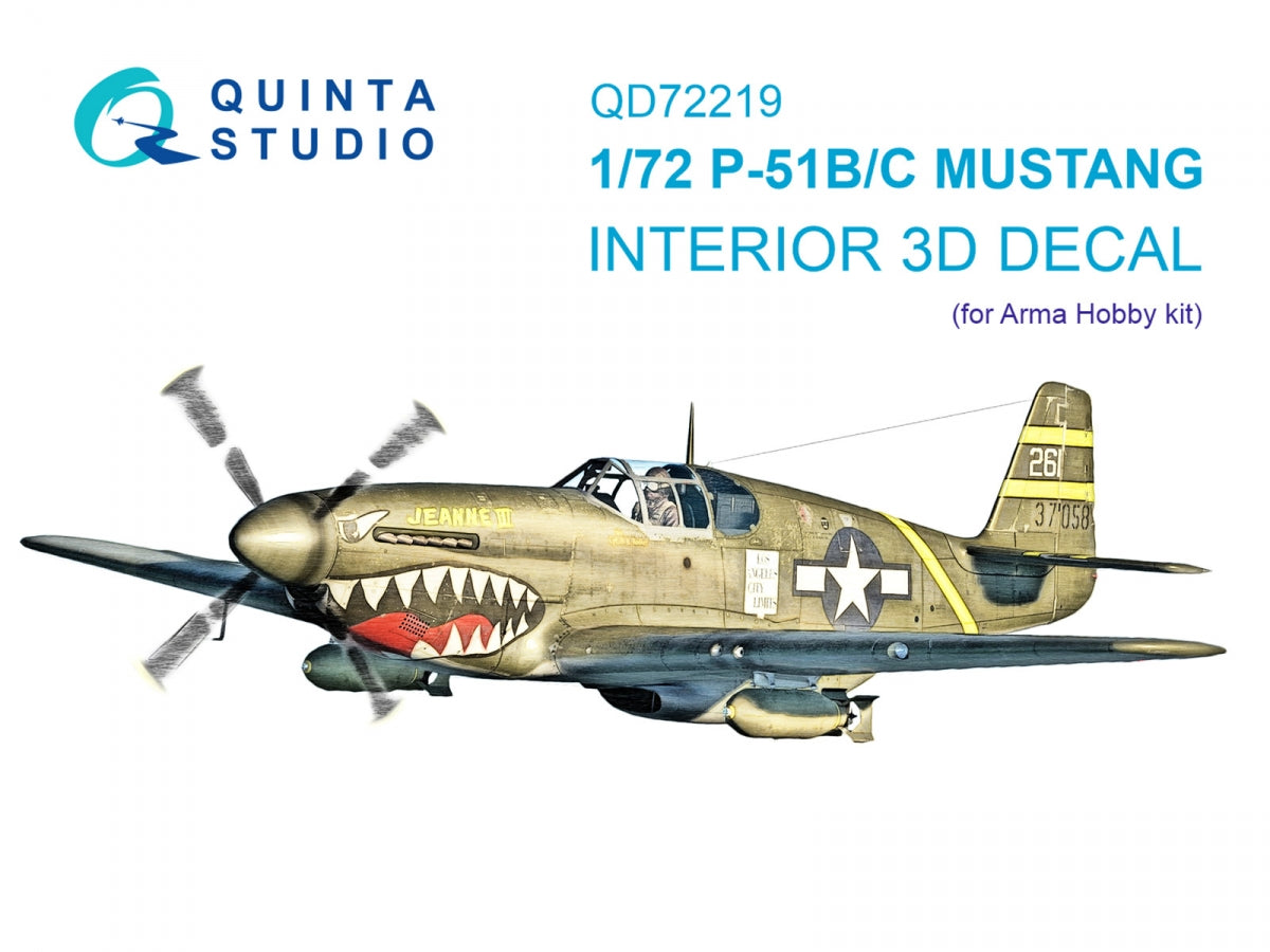 Quinta Studio QD72219 P-51B/P-51C Mustang 3D-Printed &amp;amp; coloured Interior on decal paper (Arma Hobby) 1/72