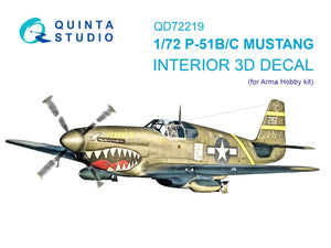 Quinta Studio QD72219 P-51B/P-51C Mustang 3D-Printed &amp;amp; coloured Interior on decal paper (Arma Hobby) 1/72