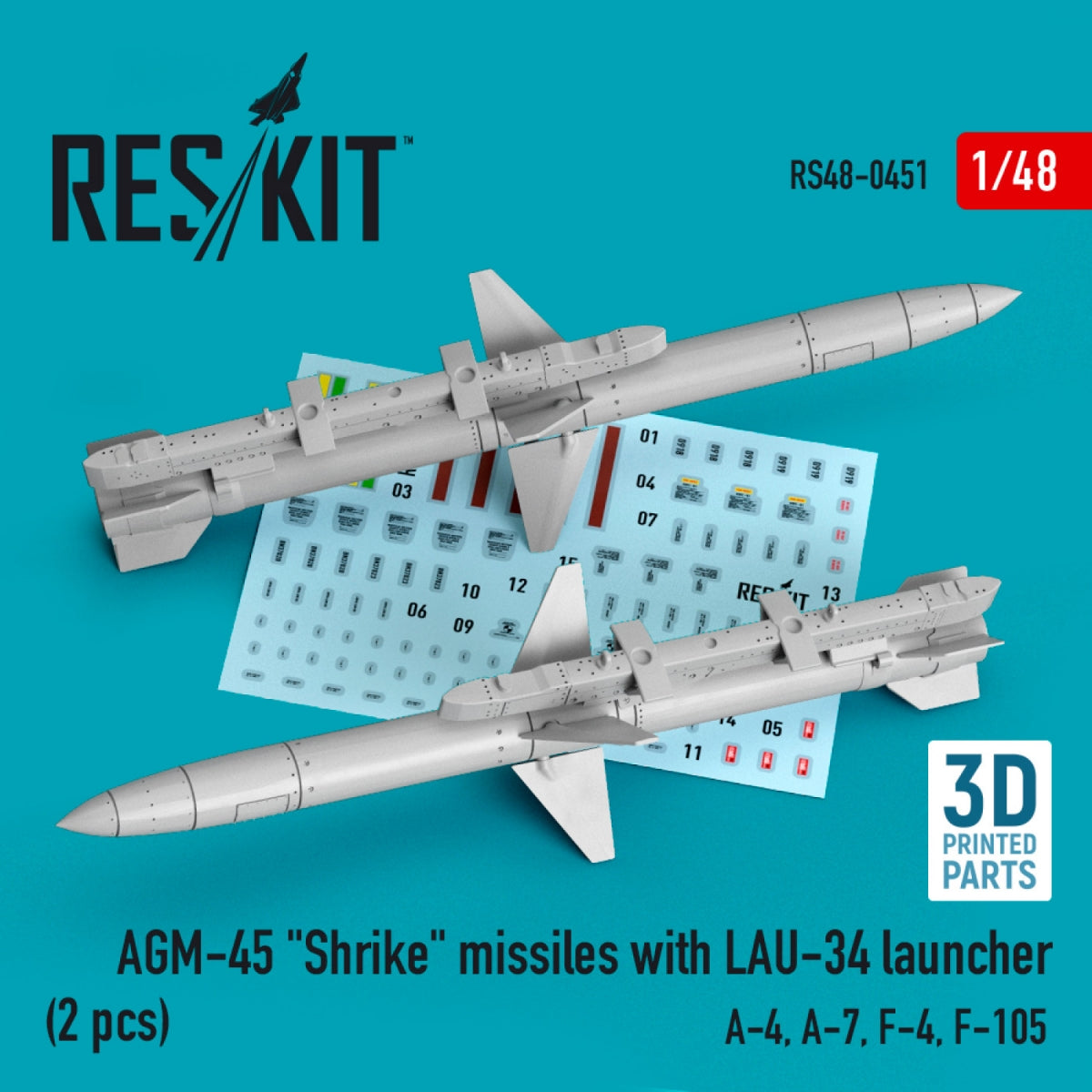 RESKIT RS48-0451 AGM-45 &amp;quot;SHRIKE&amp;quot; MISSILES WITH LAU-34 LAUNCHER (2 PCS) (3D PRINTED) 1/48