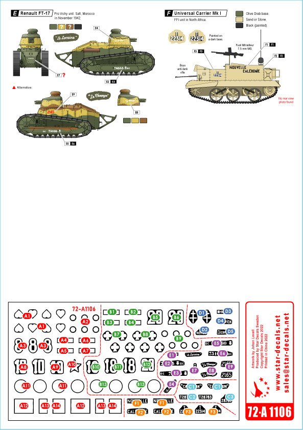 Star Decals 72-A1106 French Fighting Vehicles in Africa # 1 Vichy France and the FFL - Forces Francaises Libres 1/72 – imagen 2