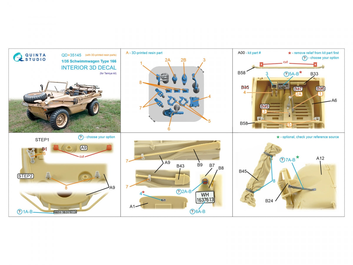 Quinta Studio QD+35145 Schwimmwagen Type 166 3D-Printed &amp;amp; coloured Interior on decal paper (Tamiya) (with 3D-printed resin parts) 1/35 – immagine 14