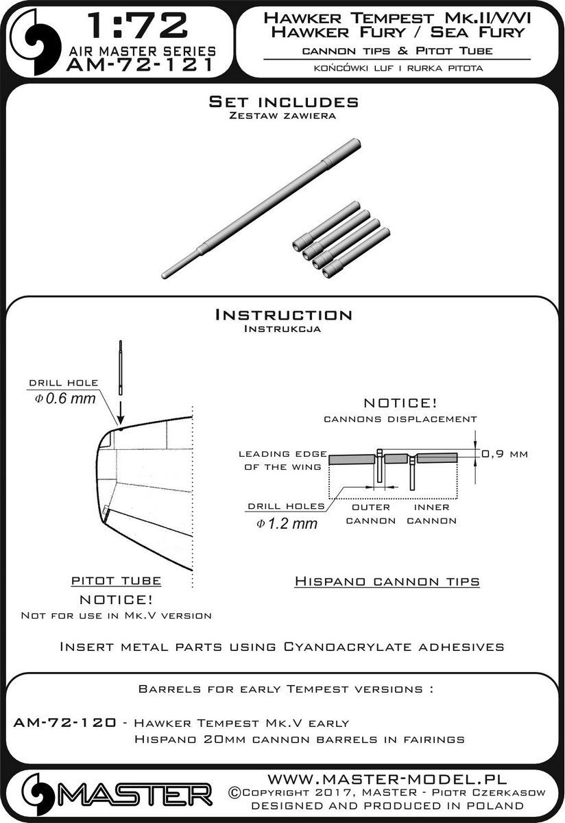 Master AM-72-121 Hawker Tempest Mk.II/V/VI i Hawker Fury/Sea Fury - końcówki luf Hispano Mk.V i Rurka Pitota 1/72 – immagine 4