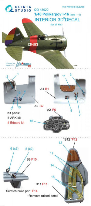 Quinta Studio QD48022 I-16 type 10 3D-Printed &amp;amp; coloured Interior on decal paper (for all kits) 1/48 – immagine 6