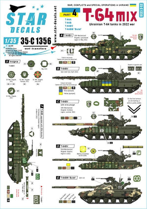 Star Decals 35-C1356 War in Ukraine #4 Ukrainian T-64 mix in 2022 war. T-64A, T-64B, T-64BV and T-64BM &amp;#39;Bulat&amp;#39;. Plus generic insignias 1/35