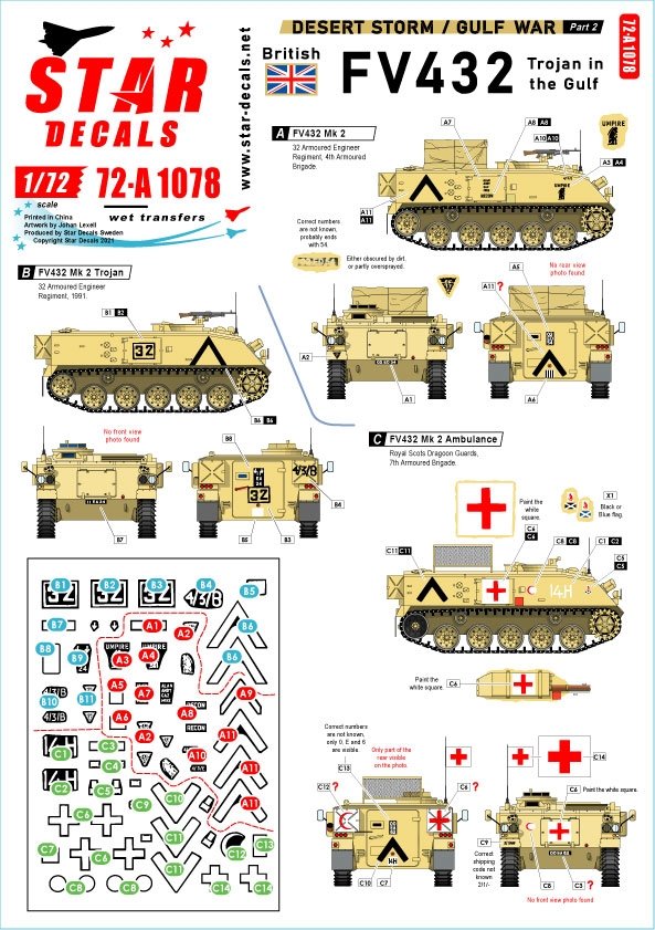 Star Decals 72-A1078 Tempête du désert n° 2. FV 432 Trojan britannique dans le Golfe 1990-91 1/72 