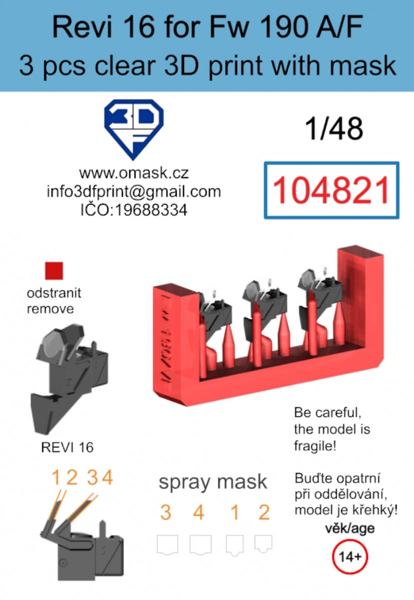 Masque Omask 104821 Revi 16 pour Fw 190 A/F, impression 3D transparente (3 pièces), échelle 1/48