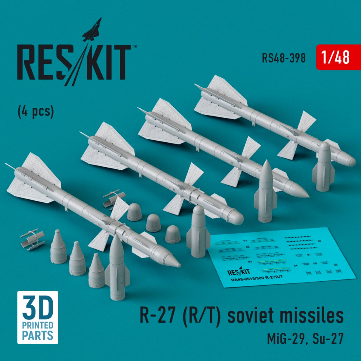 Missiles RESKIT RS48-0398 R-27 (R/T) (4 pièces) (Impression 3D) 1/48