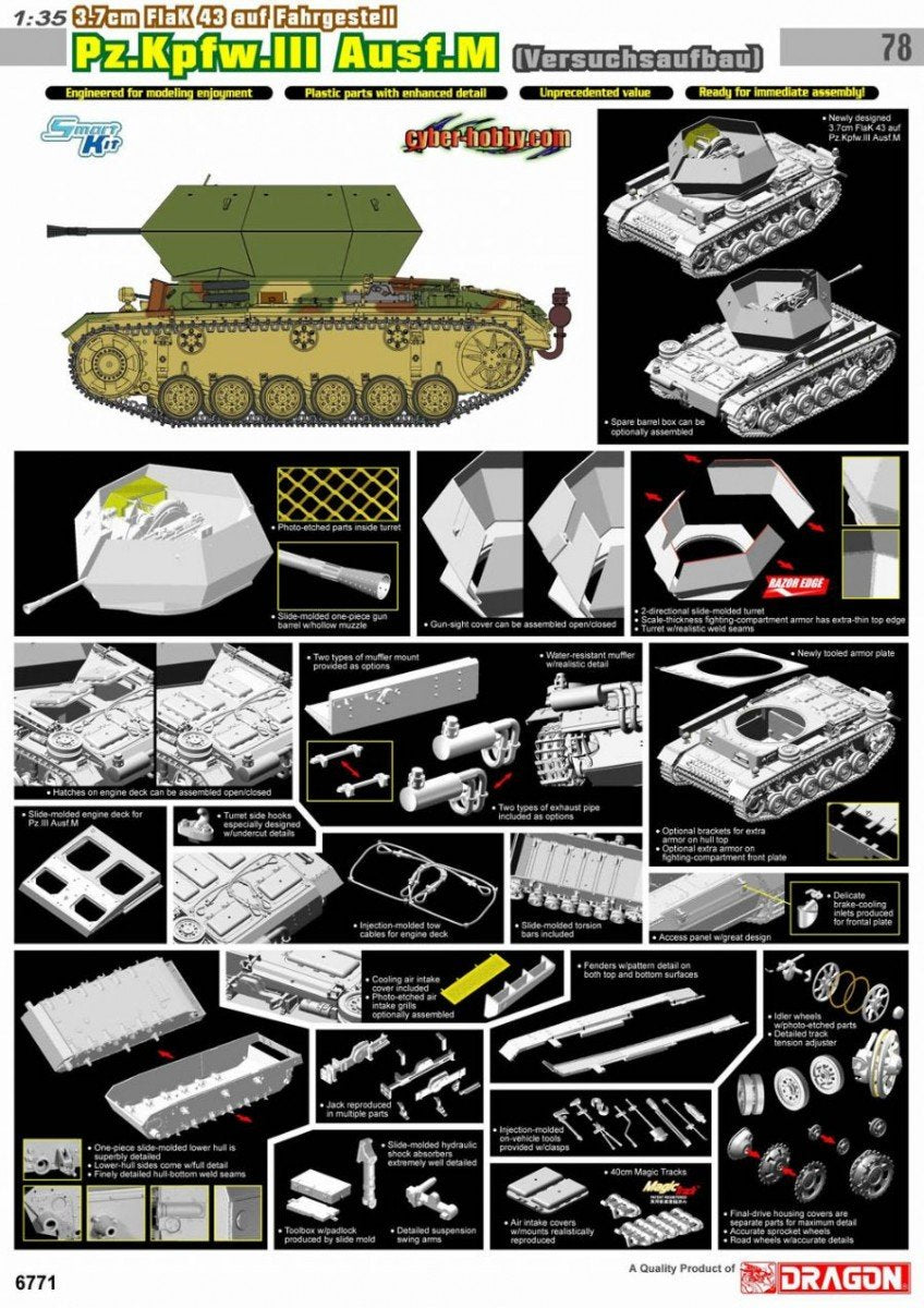 Cyber Hobby 6771 3.7cm FlaK 43 auf Fahrgestell, Pz.Kpfw.III Ausf.M (Versuchsaufbau) 1/35 – image 3