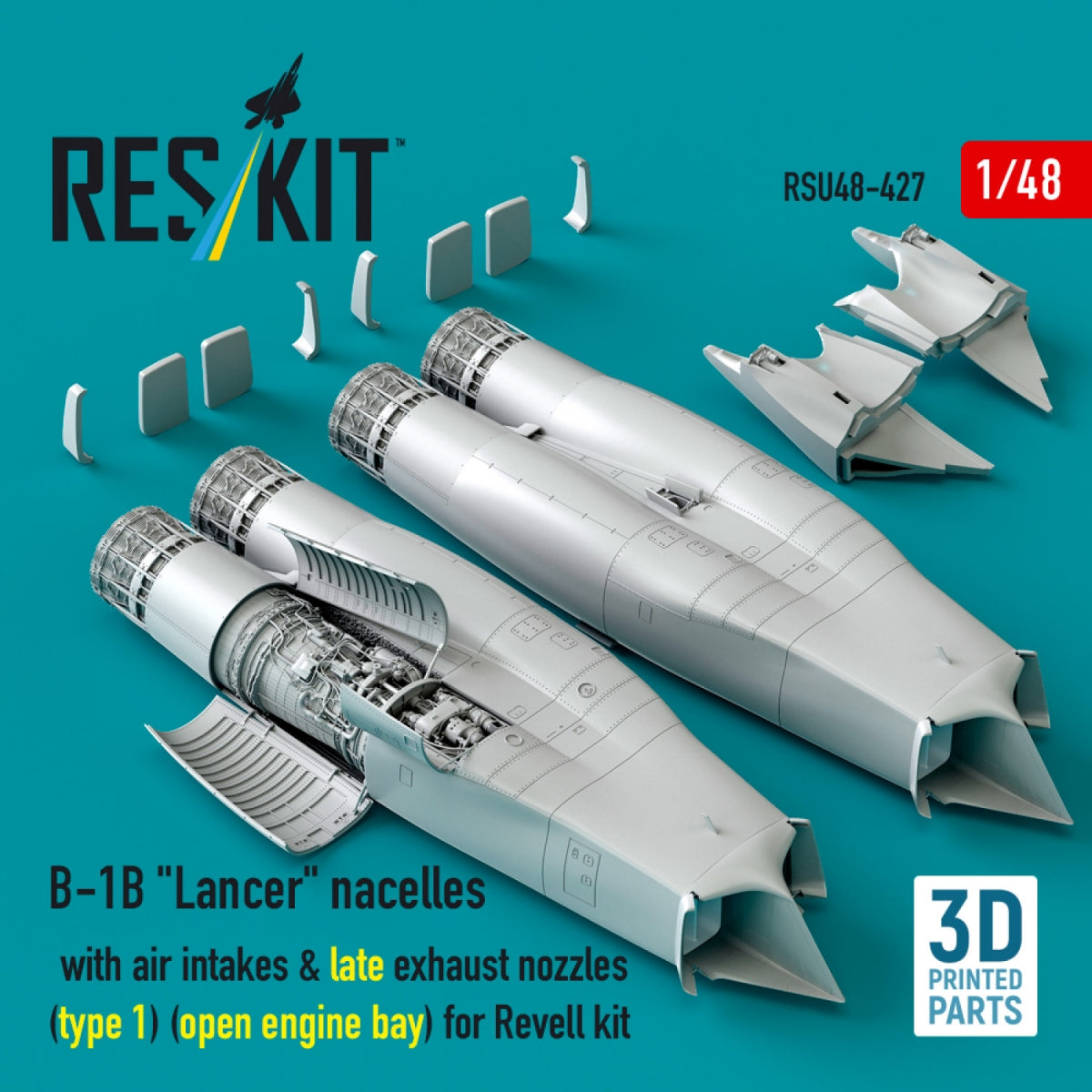 RESKIT RSU48-0427 B-1B "Lancer" nacelles with air intakes &amp; late exhaust nozzles (type 1) (open engine bay) for Revell kit (3D Printed) 1/48