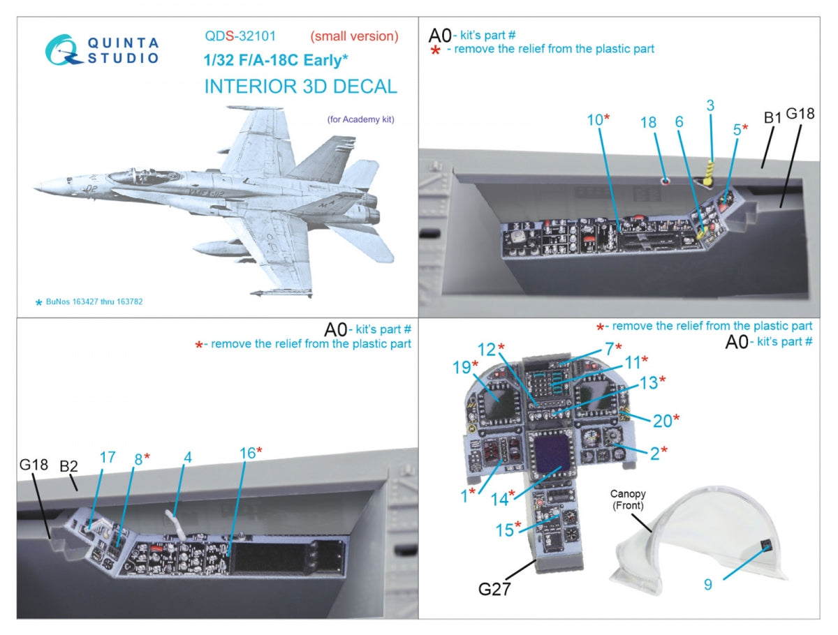 Quinta Studio QDS-32101 F/A-18C Early 3D-Printed coloured Interior on decal paper (Academy) (Small version) 1/32 – immagine 2