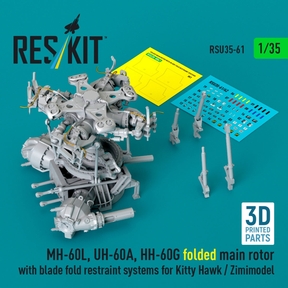 RESKIT RSU35-0061 MH-60L, UH-60A, HH-60G folded main rotor with blade fold restraint systems for Kitty Hawk / Zimimodel (3D Printed) 1/35